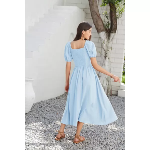 GRACE KARIN 2024 Womens Summer V Neck Smocked Dresses Short Sleeve Flowy A Line Maxi Dress with PocketsLight Blue