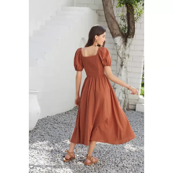 GRACE KARIN 2024 Womens Summer V Neck Smocked Dresses Short Sleeve Flowy A Line Maxi Dress with PocketsRust Red