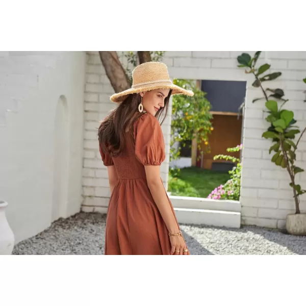 GRACE KARIN 2024 Womens Summer V Neck Smocked Dresses Short Sleeve Flowy A Line Maxi Dress with PocketsRust Red