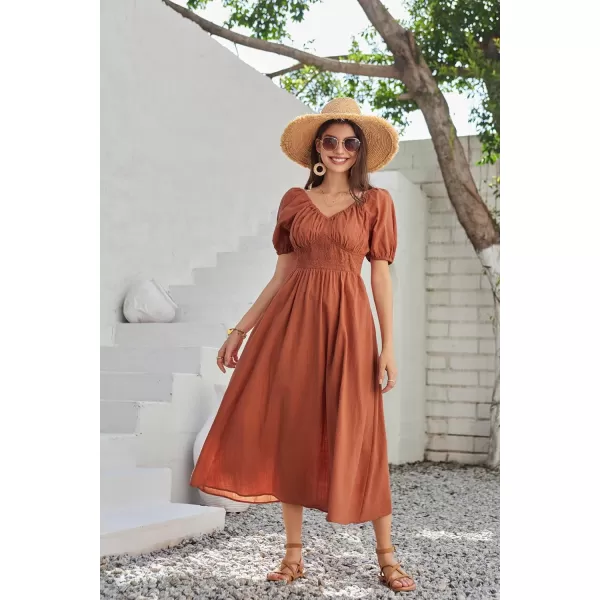 GRACE KARIN 2024 Womens Summer V Neck Smocked Dresses Short Sleeve Flowy A Line Maxi Dress with PocketsRust Red