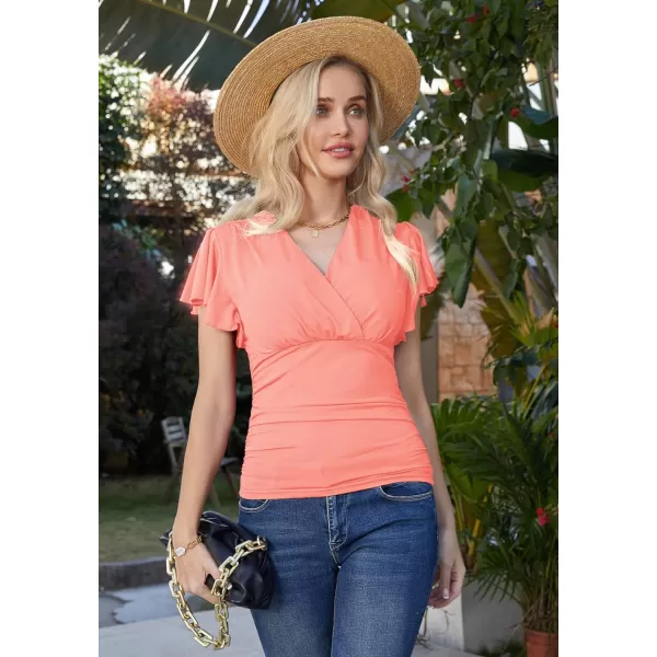 GRACE KARIN 2024 Womens Tops Elegant Surplice Wrap Blouse V Neck Long Sleeve Casual Ruched Top977 Coral