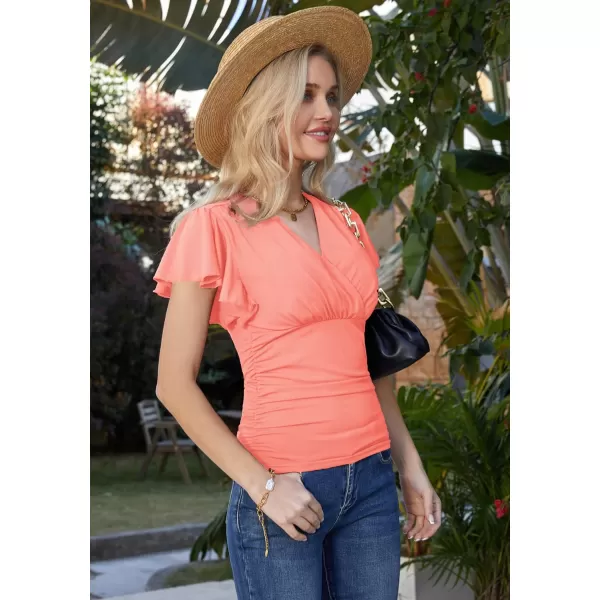 GRACE KARIN 2024 Womens Tops Elegant Surplice Wrap Blouse V Neck Long Sleeve Casual Ruched Top977 Coral