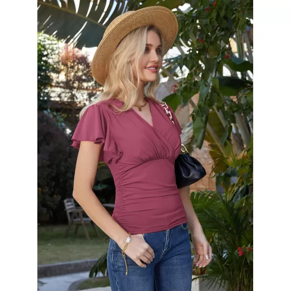 GRACE KARIN 2024 Womens Tops Elegant Surplice Wrap Blouse V Neck Long Sleeve Casual Ruched Top977 Fuchsia