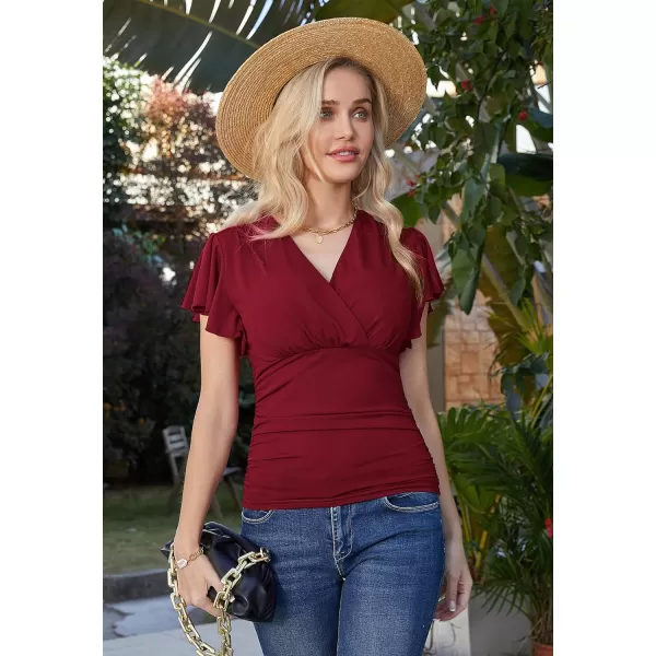 GRACE KARIN 2024 Womens Tops Elegant Surplice Wrap Blouse V Neck Long Sleeve Casual Ruched Top977 Wine Red