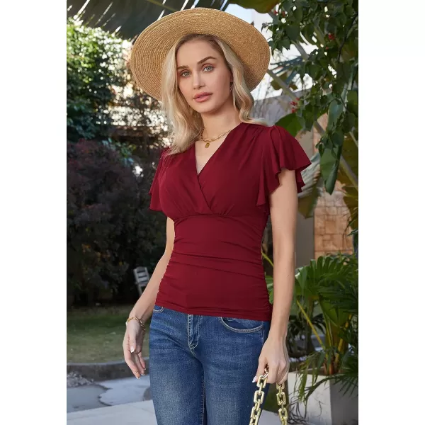 GRACE KARIN 2024 Womens Tops Elegant Surplice Wrap Blouse V Neck Long Sleeve Casual Ruched Top977 Wine Red