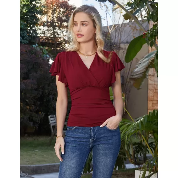 GRACE KARIN 2024 Womens Tops Elegant Surplice Wrap Blouse V Neck Long Sleeve Casual Ruched Top977 Wine Red