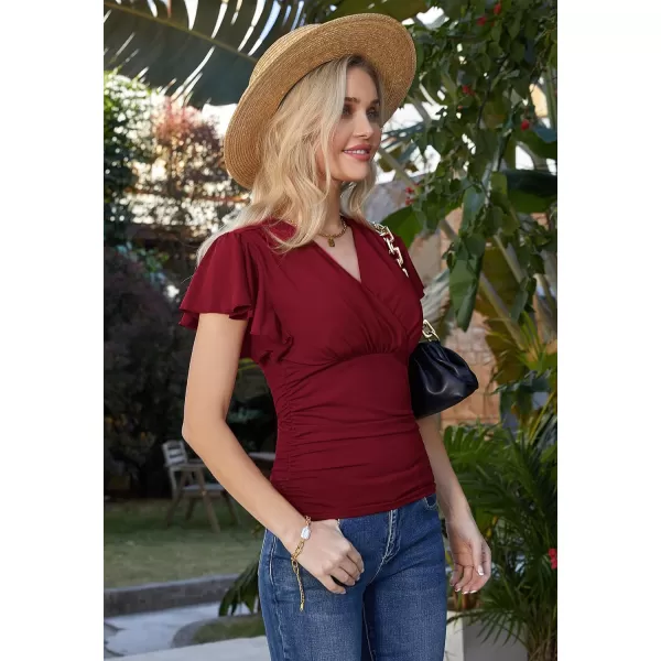 GRACE KARIN 2024 Womens Tops Elegant Surplice Wrap Blouse V Neck Long Sleeve Casual Ruched Top977 Wine Red