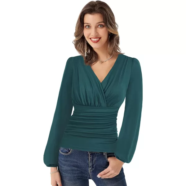 GRACE KARIN 2024 Womens Tops Elegant Surplice Wrap Blouse V Neck Long Sleeve Casual Ruched TopBlue Green