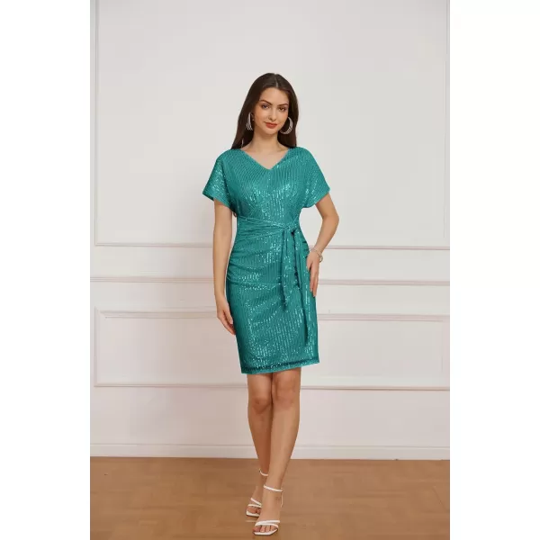 GRACE KARIN 2024 Womens V Neck Ruched Sequin Dress Short Sleeve Tie Midi Cocktail Party Bodycon DressesBlue Greensequin