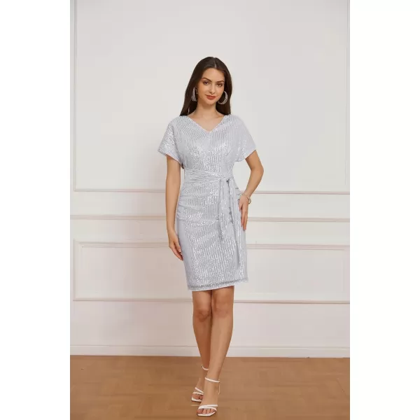 GRACE KARIN 2024 Womens V Neck Ruched Sequin Dress Short Sleeve Tie Midi Cocktail Party Bodycon DressesSilver Whitesequin