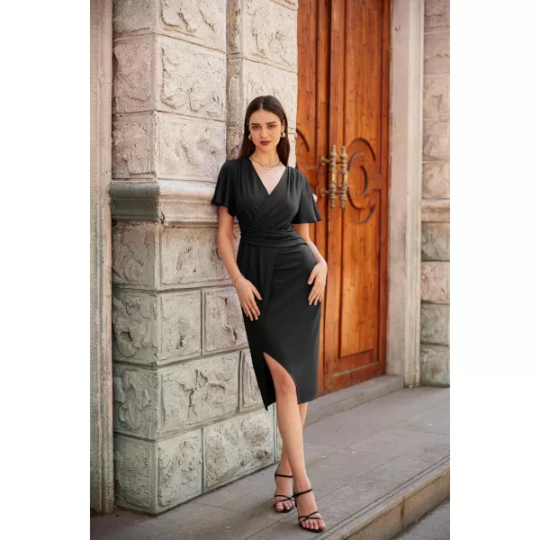 GRACE KARIN 2024 Womens V Neck Short Sleeve Ruched Split Wrap Dress Midi Cocktail DressesBlack