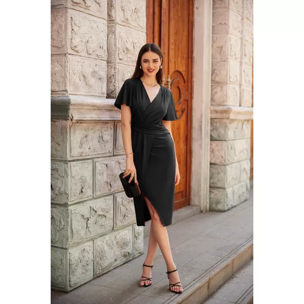 GRACE KARIN 2024 Womens V Neck Short Sleeve Ruched Split Wrap Dress Midi Cocktail DressesBlack