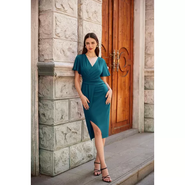 GRACE KARIN 2024 Womens V Neck Short Sleeve Ruched Split Wrap Dress Midi Cocktail DressesBlue Green