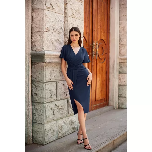 GRACE KARIN 2024 Womens V Neck Short Sleeve Ruched Split Wrap Dress Midi Cocktail DressesNavy Blue