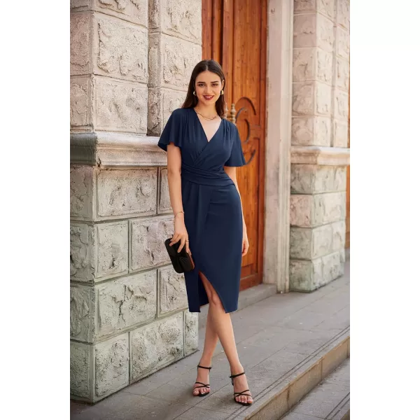 GRACE KARIN 2024 Womens V Neck Short Sleeve Ruched Split Wrap Dress Midi Cocktail DressesNavy Blue