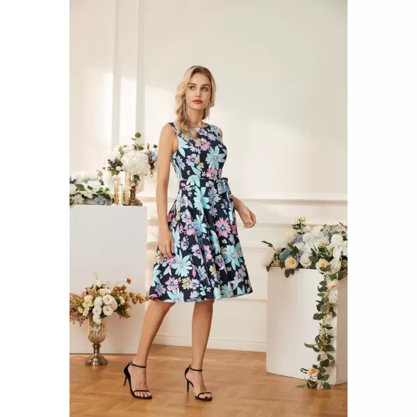 GRACE KARIN Boatneck Sleeveless Vintage Tea Dress with BeltCl033blackblue 95polyester5spandex