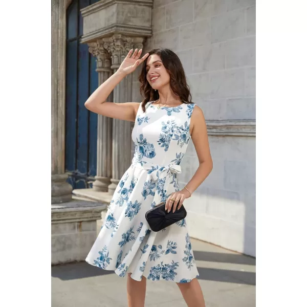 GRACE KARIN Boatneck Sleeveless Vintage Tea Dress with BeltCl033whiteblue 95polyester5spandex