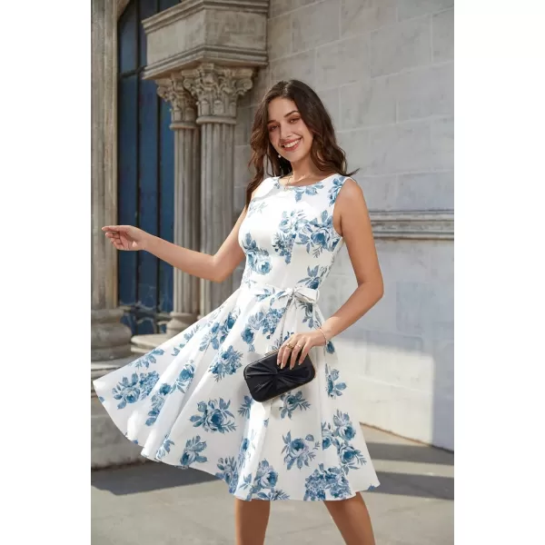 GRACE KARIN Boatneck Sleeveless Vintage Tea Dress with BeltCl033whiteblue 95polyester5spandex