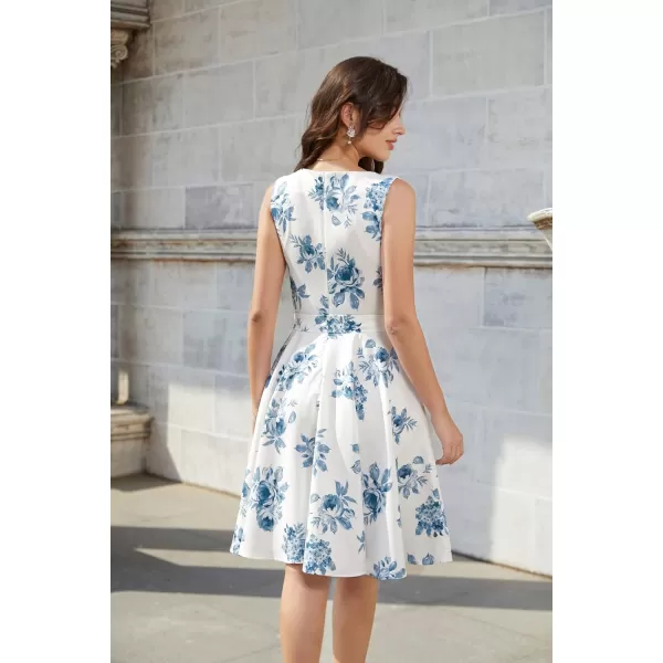 GRACE KARIN Boatneck Sleeveless Vintage Tea Dress with BeltCl033whiteblue 95polyester5spandex