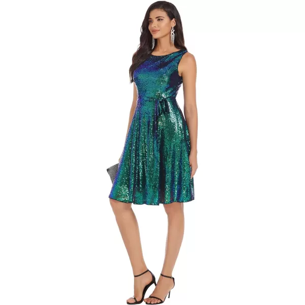 GRACE KARIN Boatneck Sleeveless Vintage Tea Dress with BeltDark Green Sequin