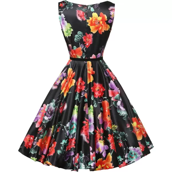 GRACE KARIN Boatneck Sleeveless Vintage Tea Dress with BeltFloral14
