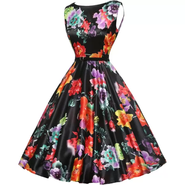 GRACE KARIN Boatneck Sleeveless Vintage Tea Dress with BeltFloral14