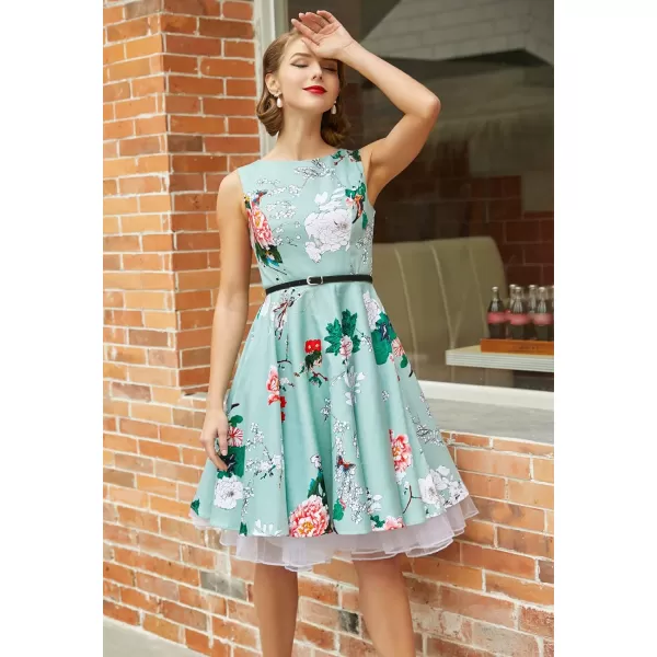 GRACE KARIN Boatneck Sleeveless Vintage Tea Dress with BeltFloral33