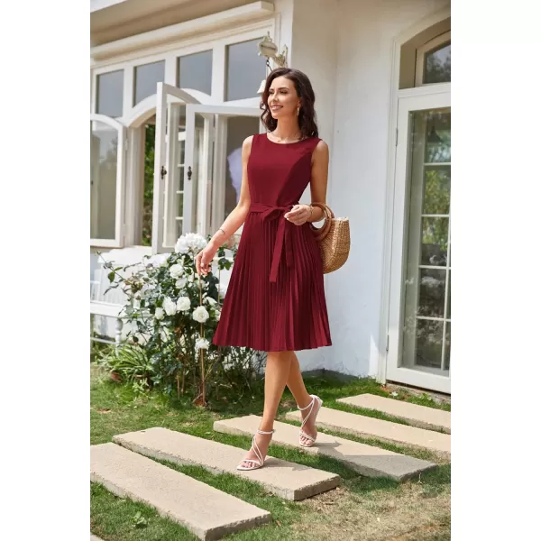 GRACE KARIN Boatneck Sleeveless Vintage Tea Dress with BeltPleatedwine Red