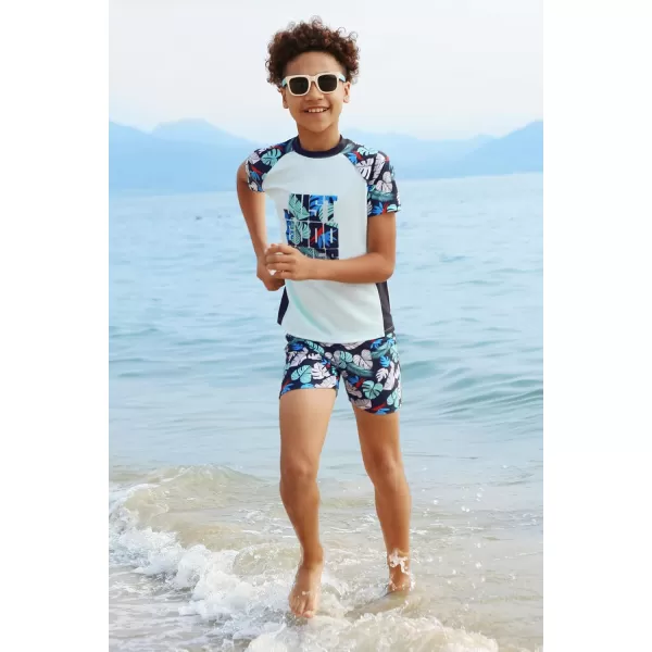 GRACE KARIN Boys Swim Set Swim Trunks and Short Sleeve Rash Guard Bathing Suits 512YBlack Plants