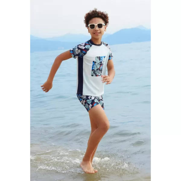 GRACE KARIN Boys Swim Set Swim Trunks and Short Sleeve Rash Guard Bathing Suits 512YBlack Plants