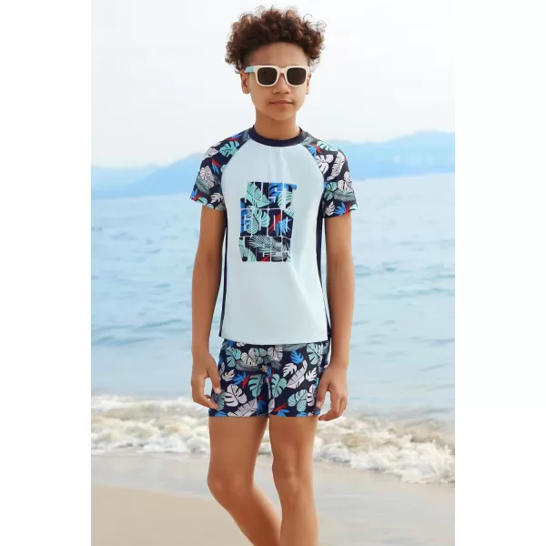 GRACE KARIN Boys Swim Set Swim Trunks and Short Sleeve Rash Guard Bathing Suits 512YBlack Plants