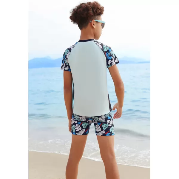 GRACE KARIN Boys Swim Set Swim Trunks and Short Sleeve Rash Guard Bathing Suits 512YBlack Plants