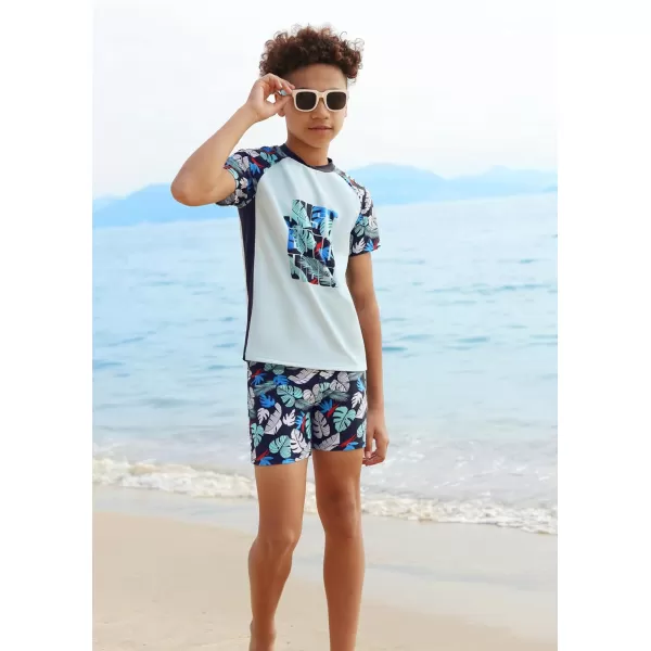 GRACE KARIN Boys Swim Set Swim Trunks and Short Sleeve Rash Guard Bathing Suits 512YBlack Plants