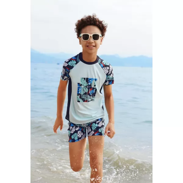 GRACE KARIN Boys Swim Set Swim Trunks and Short Sleeve Rash Guard Bathing Suits 512YBlack Plants