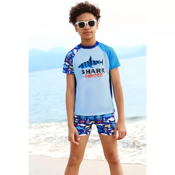 GRACE KARIN Boys Swim Set Swim Trunks and Short Sleeve Rash Guard Bathing Suits 512YBlue Fishes