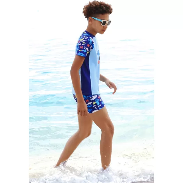 GRACE KARIN Boys Swim Set Swim Trunks and Short Sleeve Rash Guard Bathing Suits 512YBlue Fishes