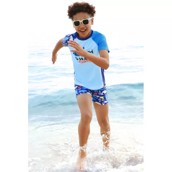 GRACE KARIN Boys Swim Set Swim Trunks and Short Sleeve Rash Guard Bathing Suits 512YBlue Fishes