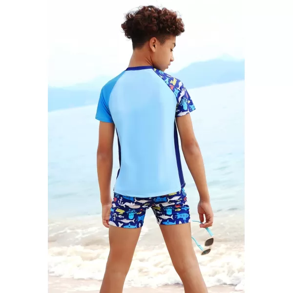 GRACE KARIN Boys Swim Set Swim Trunks and Short Sleeve Rash Guard Bathing Suits 512YBlue Fishes