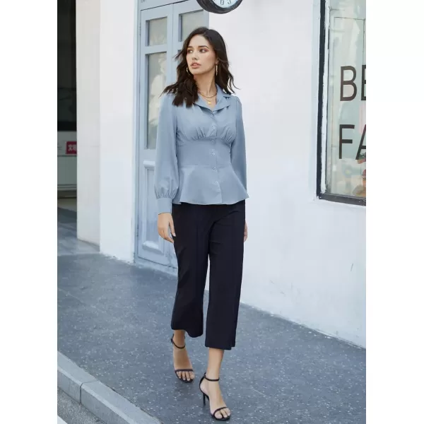 GRACE KARIN Button Down Shirts for Women Peplum Tops Long Sleeve Work Blouse Collared Shirt Dressy TopBlue