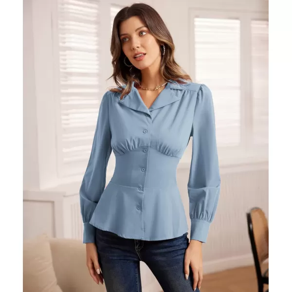 GRACE KARIN Button Down Shirts for Women Peplum Tops Long Sleeve Work Blouse Collared Shirt Dressy TopBlue