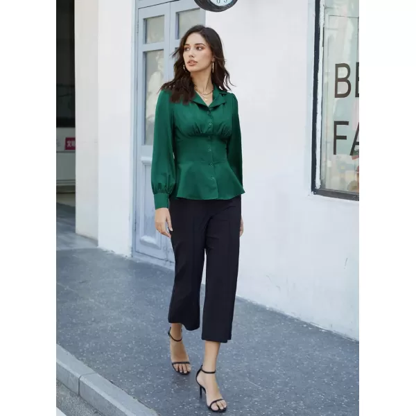 GRACE KARIN Button Down Shirts for Women Peplum Tops Long Sleeve Work Blouse Collared Shirt Dressy TopDark Green