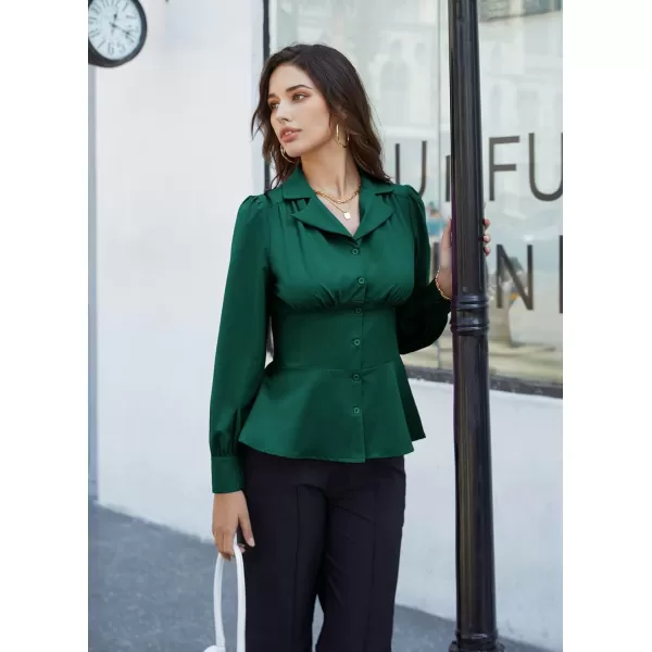 GRACE KARIN Button Down Shirts for Women Peplum Tops Long Sleeve Work Blouse Collared Shirt Dressy TopDark Green