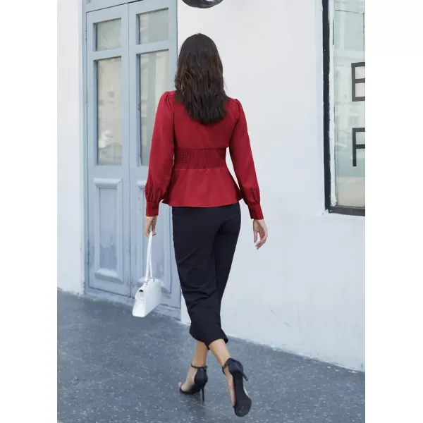 GRACE KARIN Button Down Shirts for Women Peplum Tops Long Sleeve Work Blouse Collared Shirt Dressy TopWine Red