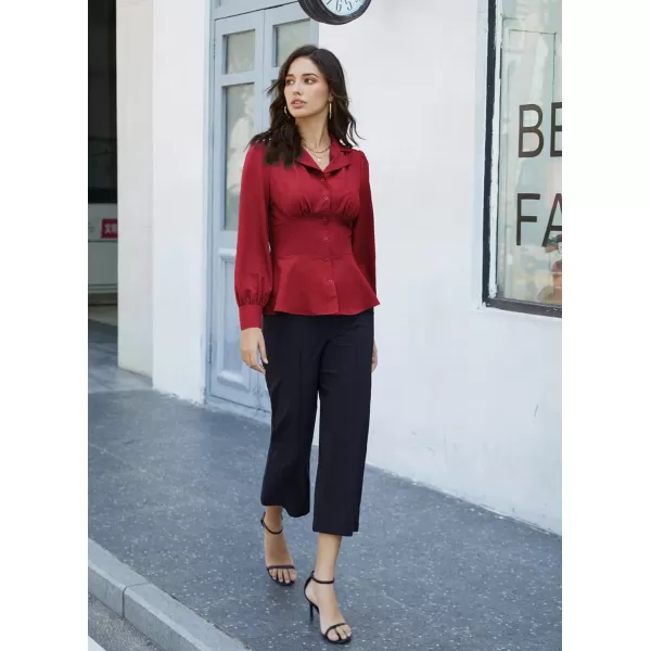 GRACE KARIN Button Down Shirts for Women Peplum Tops Long Sleeve Work Blouse Collared Shirt Dressy TopWine Red