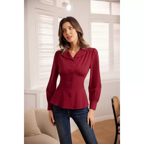 GRACE KARIN Button Down Shirts for Women Peplum Tops Long Sleeve Work Blouse Collared Shirt Dressy TopWine Red