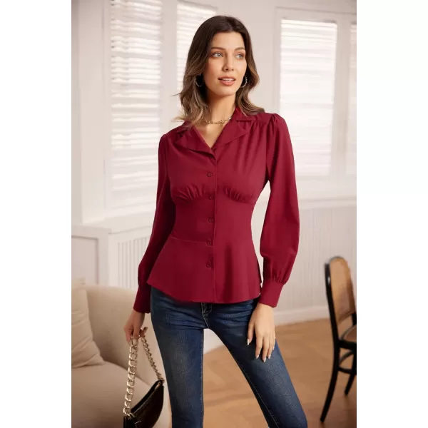 GRACE KARIN Button Down Shirts for Women Peplum Tops Long Sleeve Work Blouse Collared Shirt Dressy TopWine Red