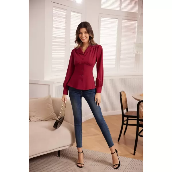 GRACE KARIN Button Down Shirts for Women Peplum Tops Long Sleeve Work Blouse Collared Shirt Dressy TopWine Red