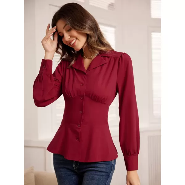 GRACE KARIN Button Down Shirts for Women Peplum Tops Long Sleeve Work Blouse Collared Shirt Dressy TopWine Red