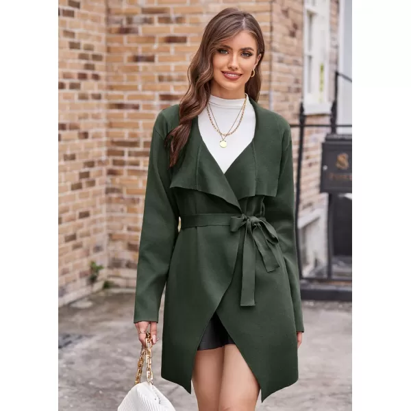 GRACE KARIN Cardigan for Women Lapel Draped Open Front Thin Sweater Long Sleeve Irregular Hem Outwear with BeltArmy Green