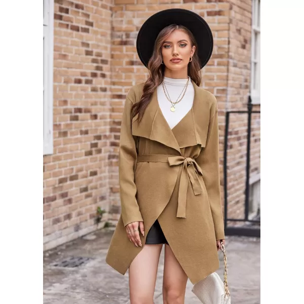 GRACE KARIN Cardigan for Women Lapel Draped Open Front Thin Sweater Long Sleeve Irregular Hem Outwear with BeltKhaki